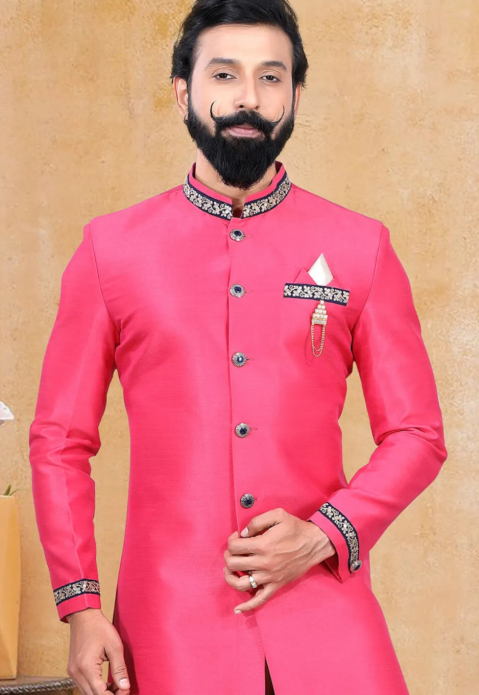 Embroidered Collar Art Silk Sherwani in Pink