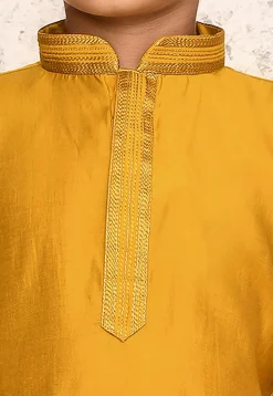 Embroidered Collar Art Silk Kurta Set in Yellow