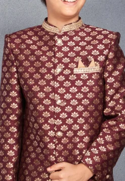 Embroidered Collar Art Silk Jacquard Sherwani in Wine
