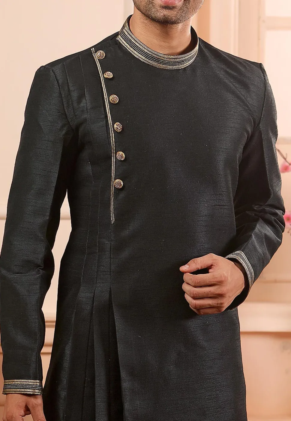 Embroidered Collar Art Silk Side Pleated Kurta Set in Black