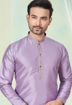 Embroidered Collar Art Silk Kurta Set in Purple