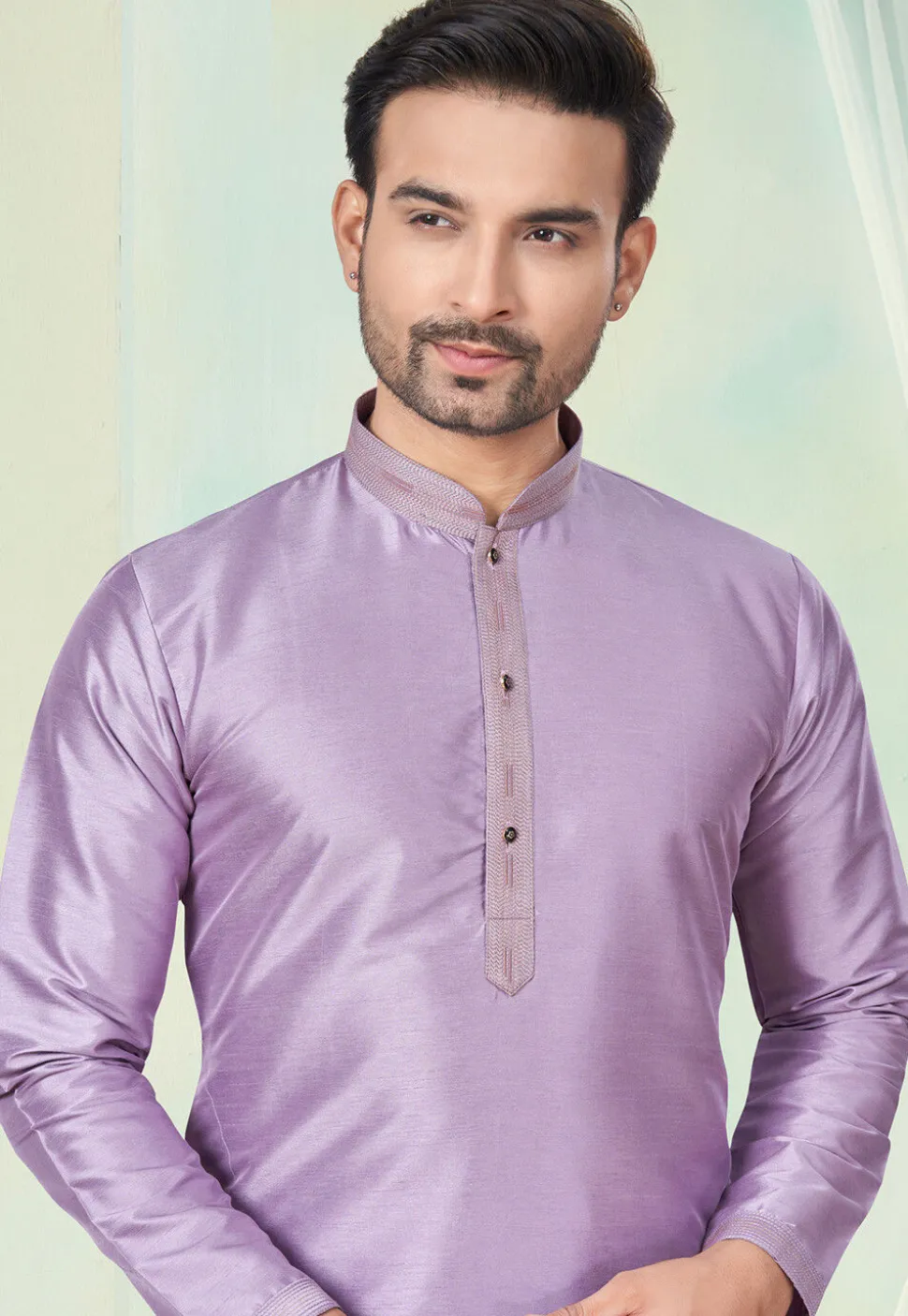 Embroidered Collar Art Silk Kurta Set in Purple