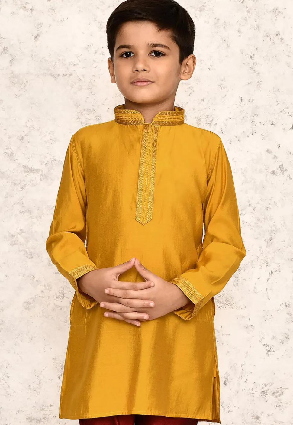 Embroidered Collar Art Silk Kurta in Yellow