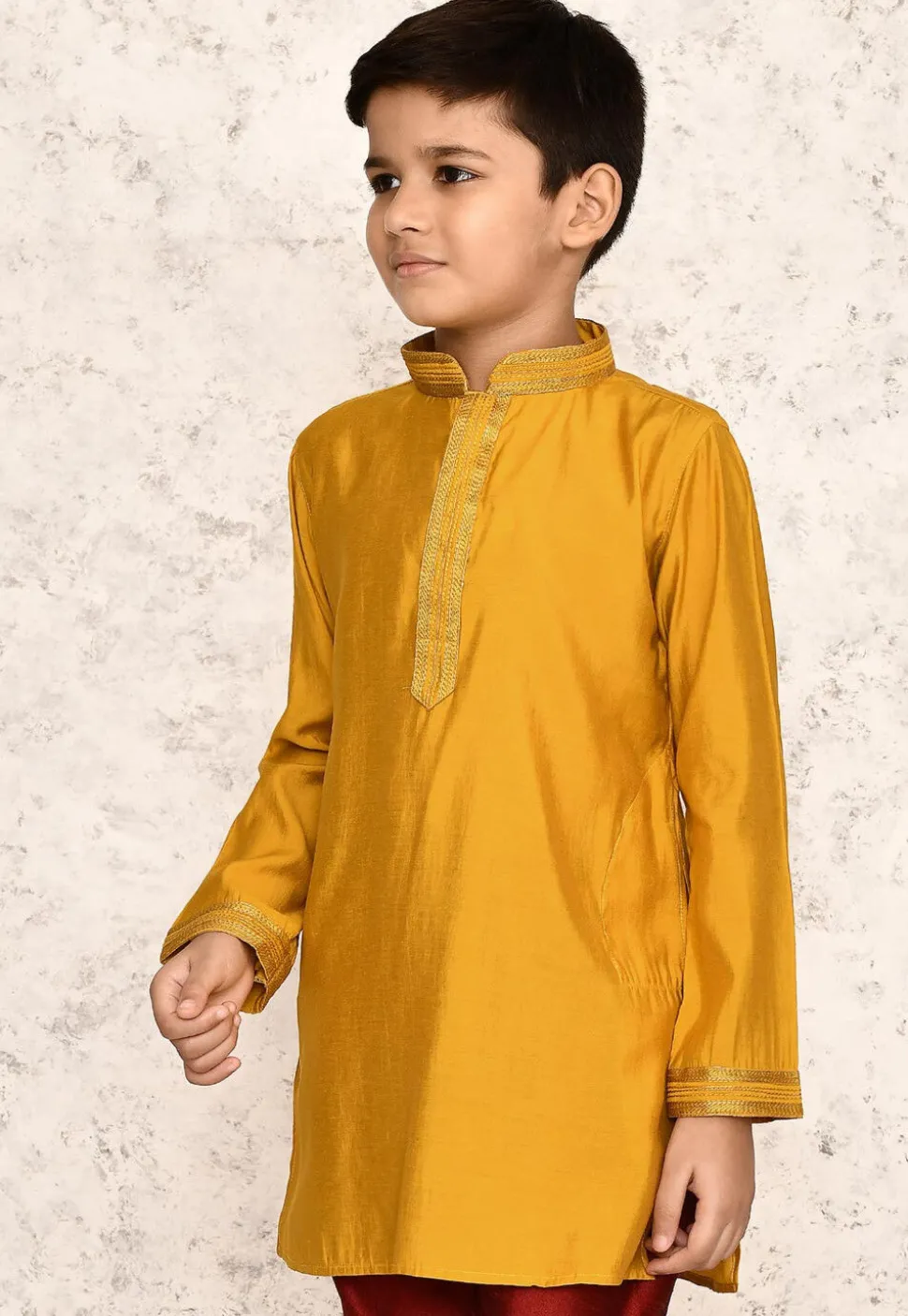 Embroidered Collar Art Silk Kurta in Yellow