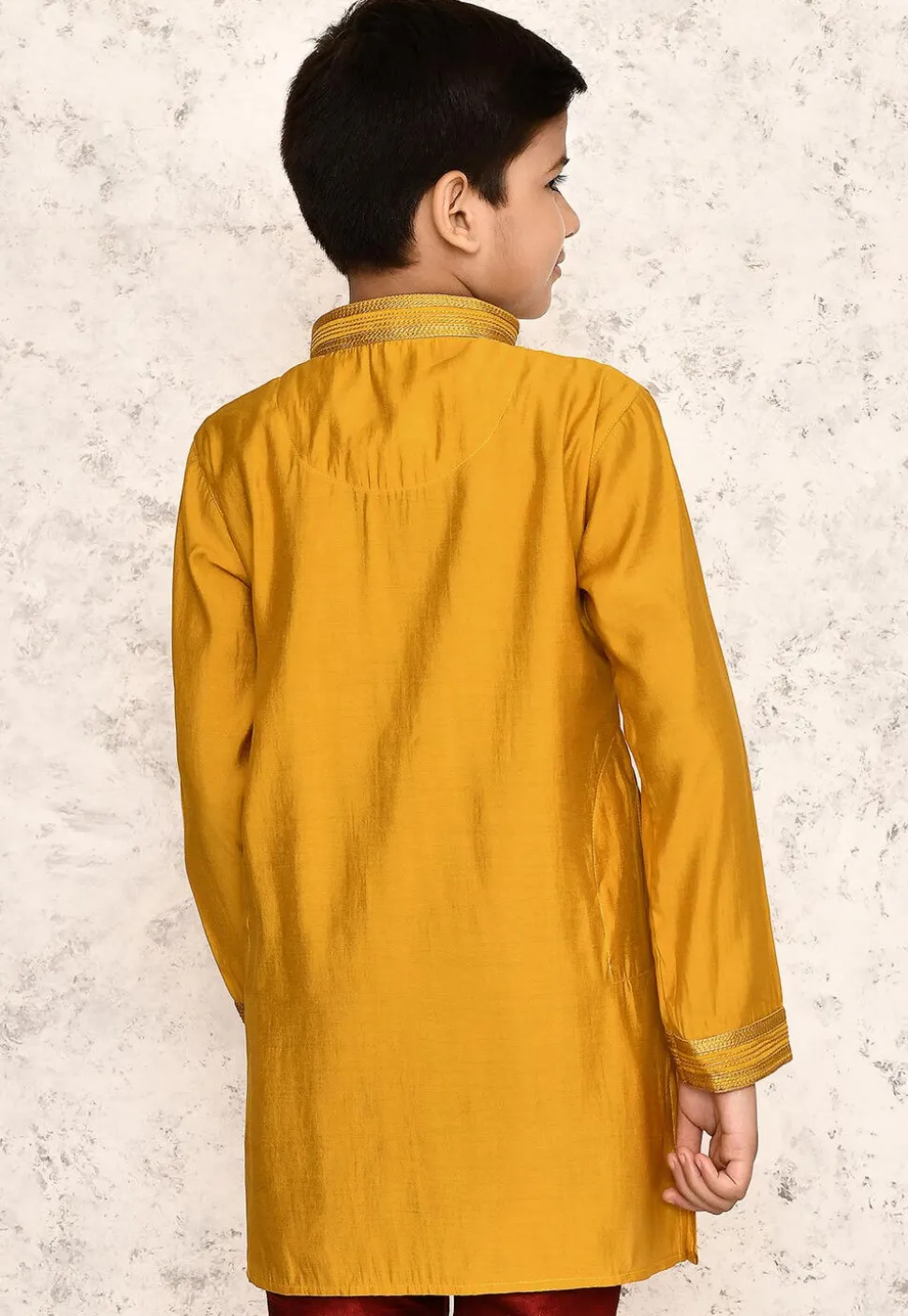 Embroidered Collar Art Silk Kurta in Yellow