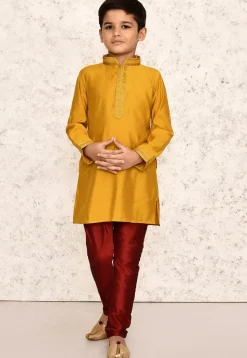 Embroidered Collar Art Silk Kurta in Yellow