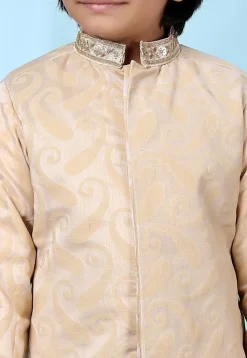 Embroidered Collar Cotton Silk Jacquard Sherwani in Beige
