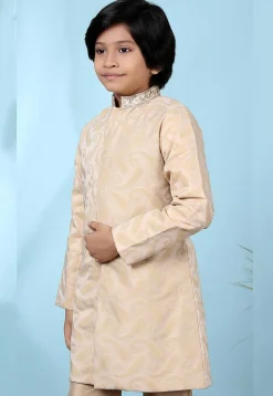 Embroidered Collar Cotton Silk Jacquard Sherwani in Beige