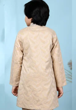 Embroidered Collar Cotton Silk Jacquard Sherwani in Beige