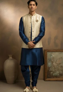 Embroidered Collar Dupion Silk Kurta Set in Navy Blue and Cream