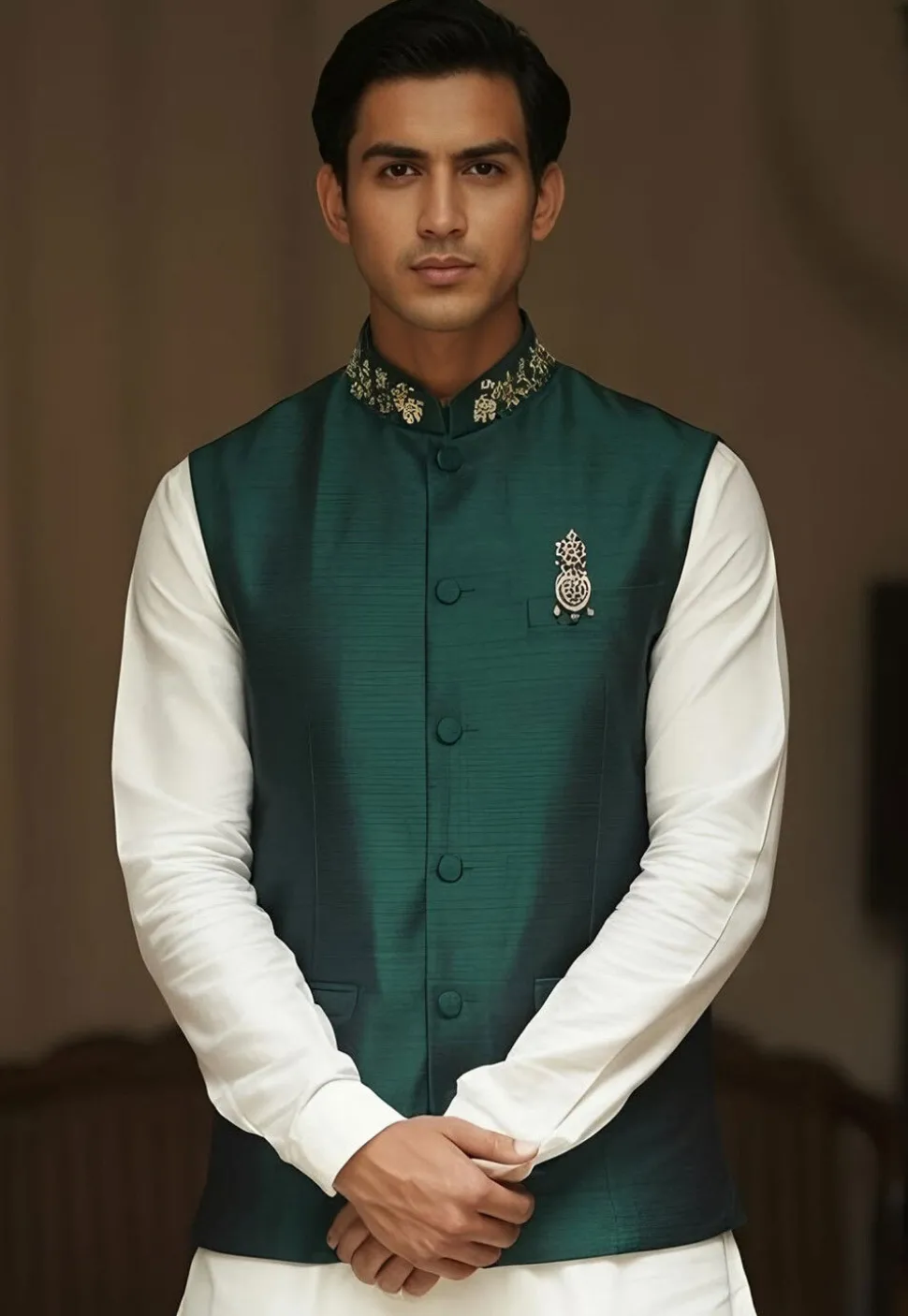 Embroidered Collar Dupion Silk Nehru Jacket in Dark Green