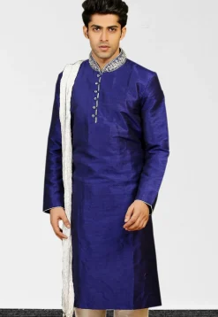 Embroidered Collar Dupion Silk Kurta in Royal Blue