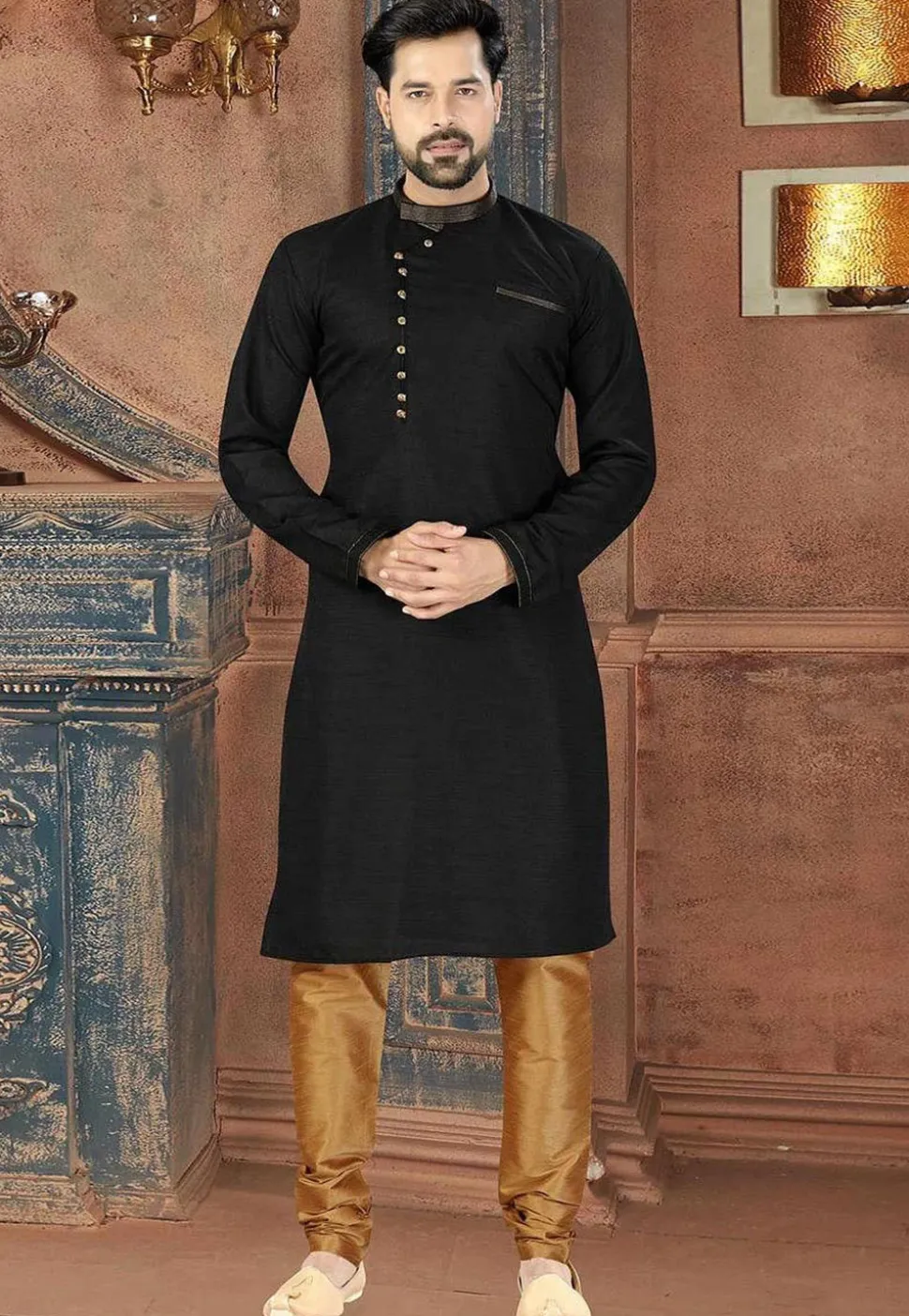 Embroidered Collar Dupion Silk Kurta in Black