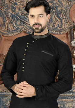 Embroidered Collar Dupion Silk Kurta  in Black