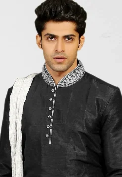 Embroidered Collar Dupion Silk Kurta in Black