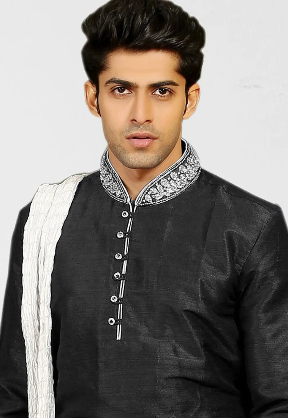 Embroidered Collar Dupion Silk Kurta in Black