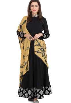 Embroidered Collar Georgette Abaya Style Suit in Black