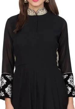 Embroidered Collar Georgette Abaya Style Suit in Black