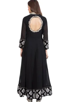 Embroidered Collar Georgette Abaya Style Suit in Black