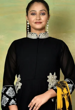 Embroidered Collar Georgette Abaya Style Suit in Black