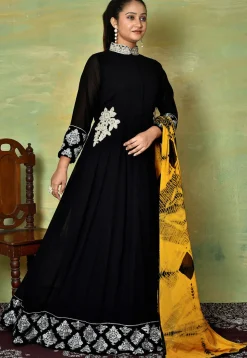 Embroidered Collar Georgette Abaya Style Suit in Black