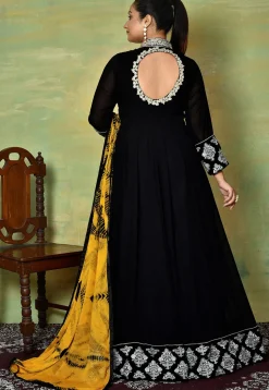 Embroidered Collar Georgette Abaya Style Suit in Black