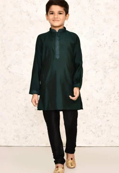 Embroidered Collar Lycra Kurta Set in Dark Green
