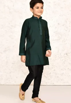 Embroidered Collar Lycra Kurta Set in Dark Green