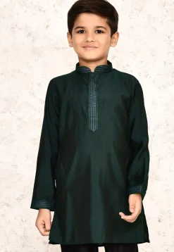 Embroidered Collar Lycra Kurta in Dark Green