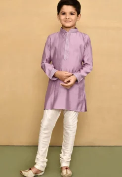 Embroidered Collar Lycra Kurta Set in Light Purple