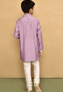 Embroidered Collar Lycra Kurta Set in Light Purple