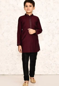 Embroidered Collar Lycra Kurta Set in Maroon