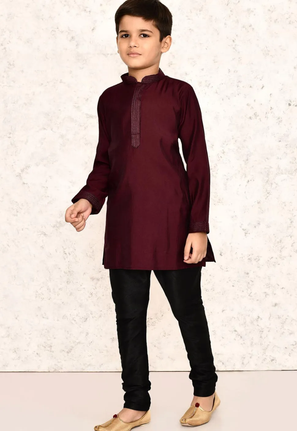 Embroidered Collar Lycra Kurta Set in Maroon