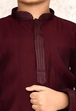 Embroidered Collar Lycra Kurta Set in Maroon