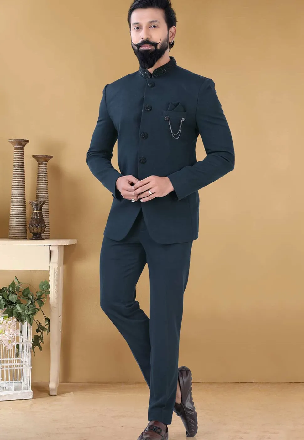 Embroidered Collar Terry Rayon Jodhpuri Suit in Dark Grey