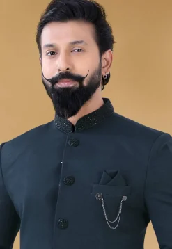 Embroidered Collar Terry Rayon Jodhpuri Suit in Dark Grey