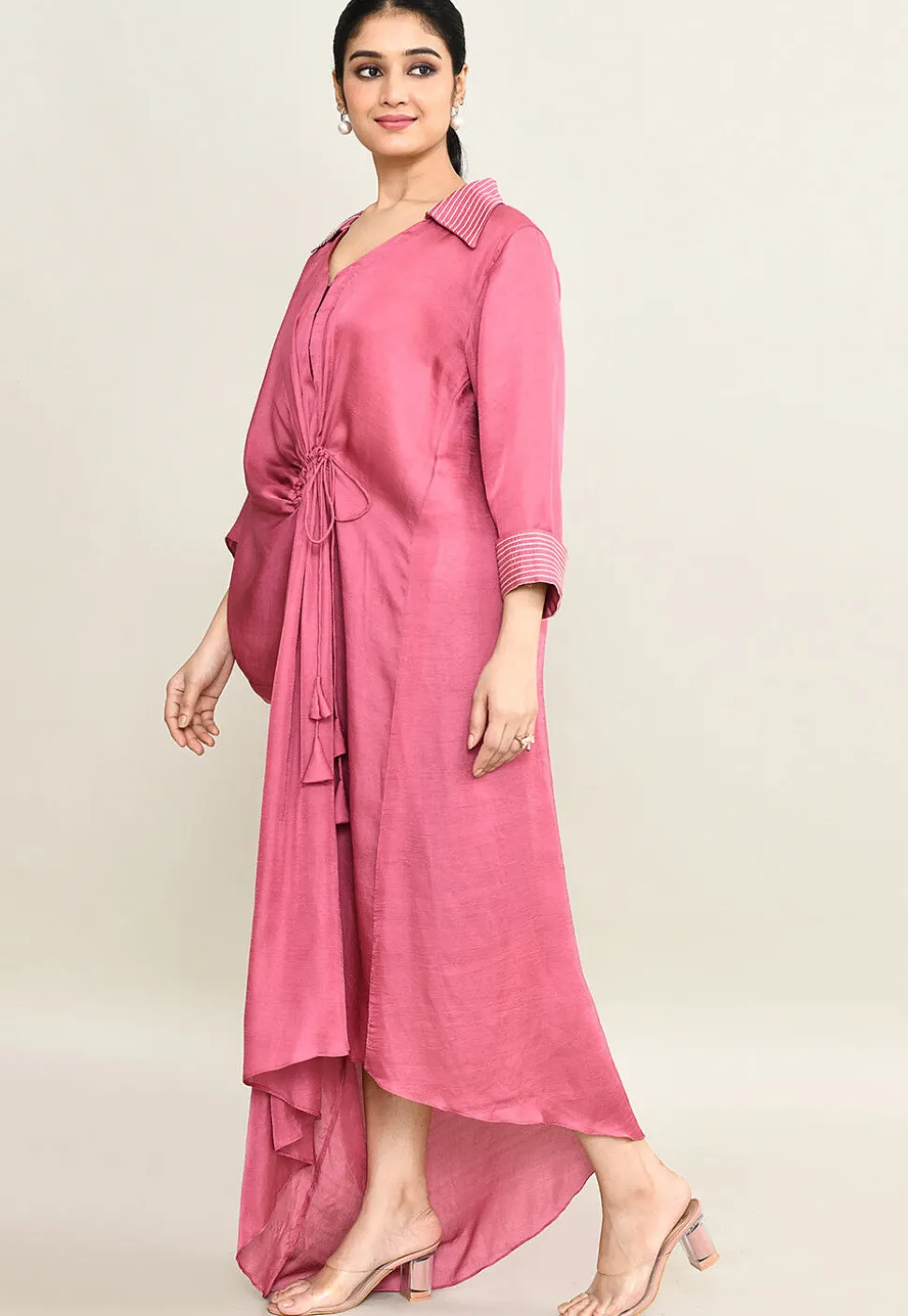 Embroidered Collar Viscose Silk Clinched Waist Dress in Pink