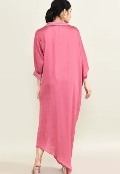 Embroidered Collar Viscose Silk Clinched Waist Dress in Pink