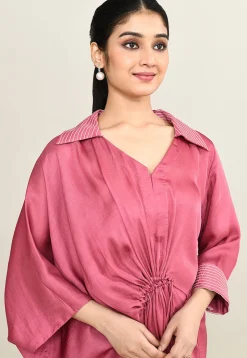 Embroidered Collar Viscose Silk Clinched Waist Dress in Pink
