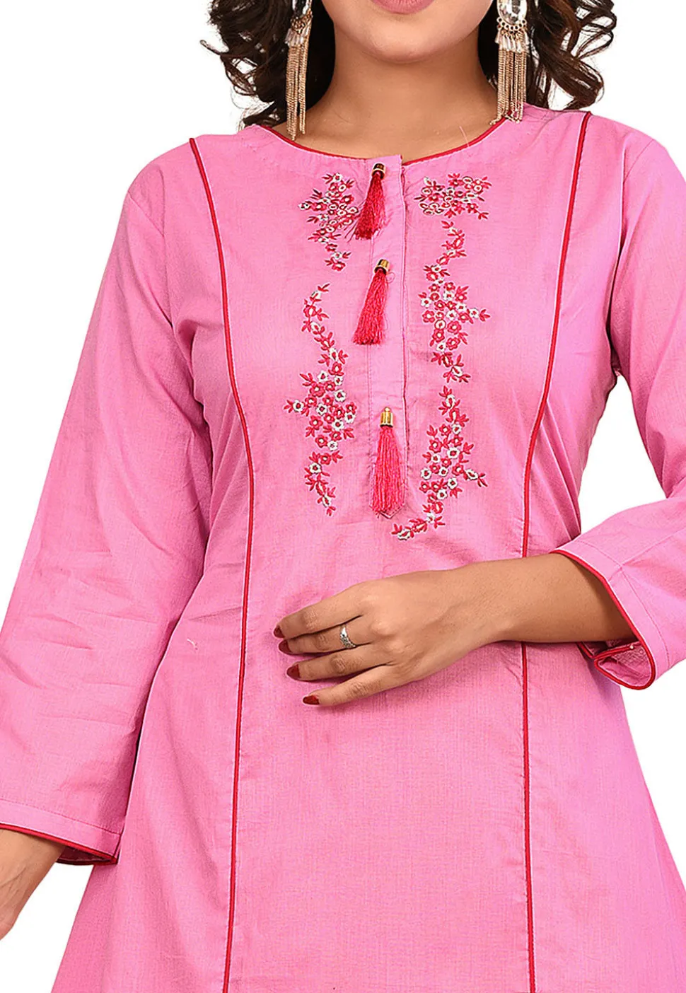 Embroidered Cotton A Line Kurta Set in Pink