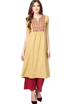 Embroidered Cotton A Line Kurta in Beige