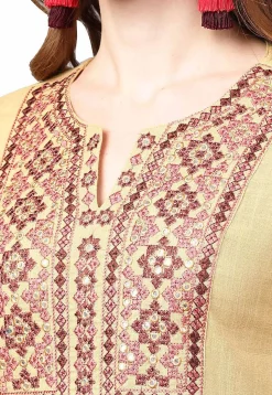 Embroidered Cotton A Line Kurta in Beige