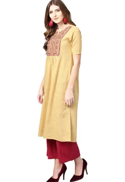 Embroidered Cotton A Line Kurta in Beige