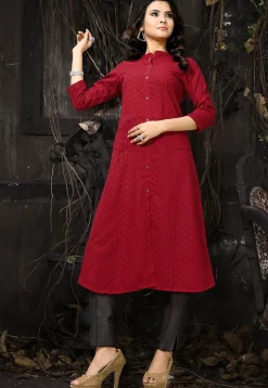 Embroidered Cotton A Line Kurta in Maroon