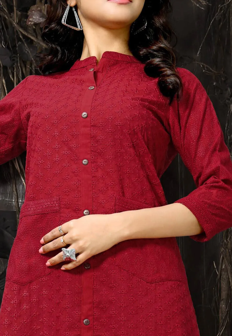 Embroidered Cotton A Line Kurta in Maroon