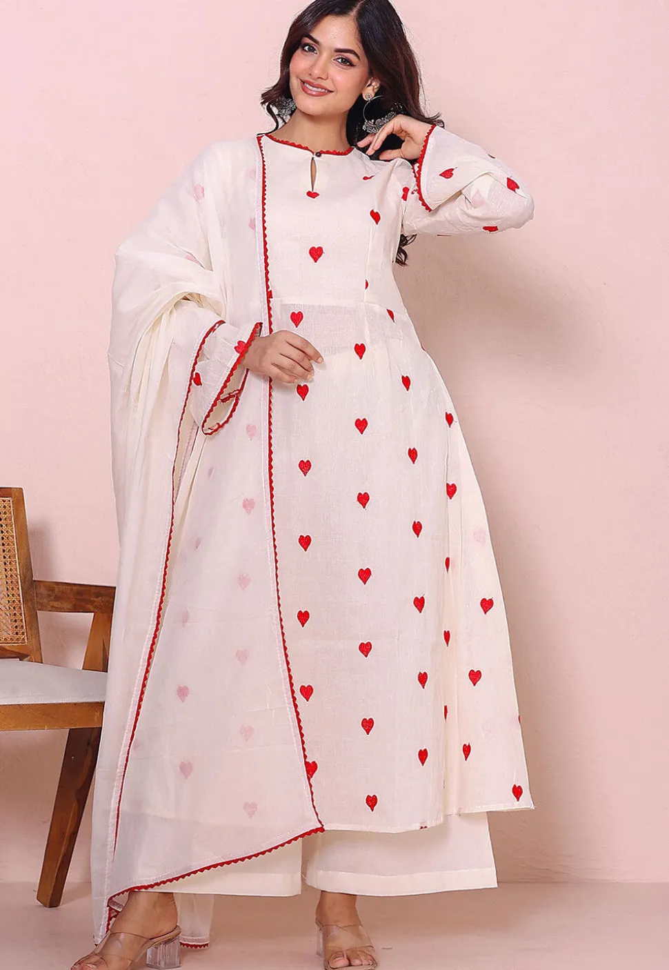 Embroidered Cotton A Line Suit in Off White
