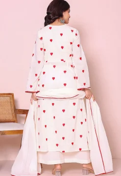 Embroidered Cotton A Line Suit in Off White