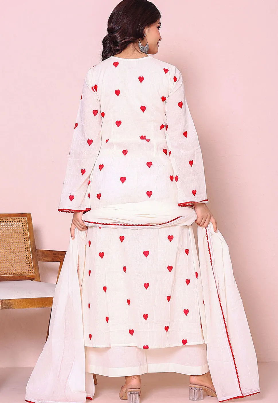 Embroidered Cotton A Line Suit in Off White
