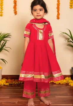 Embroidered Cotton A Line Suit in Red