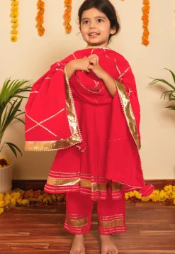 Embroidered Cotton A Line Suit in Red